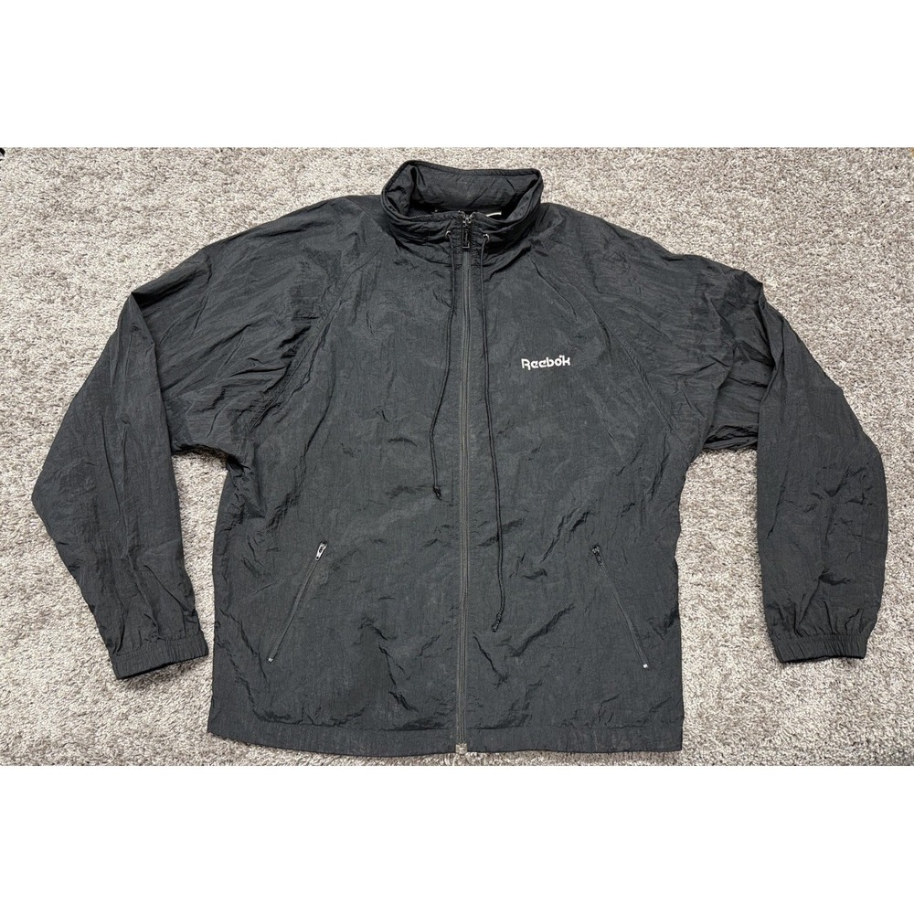 VTG‎ 90s HIDDEN HOOD Reebok Zip Up Windbreaker Jacket Medium Black Breathable